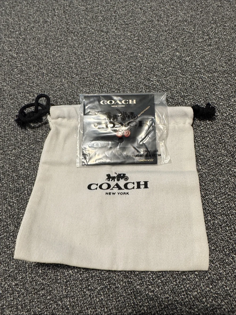 COACH cherry’s necklace & Beige Canvas Drawstring Pouch with Black Accents